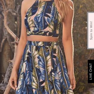 TEAL BLUE LEAF PRINT TWO-PIECE MAXI DRESS